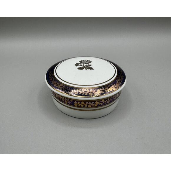 Porcelain Round Trinket Stash Box St. Regis Ltd Brazil Navy Blue Gold Floral - Picture 1 of 6